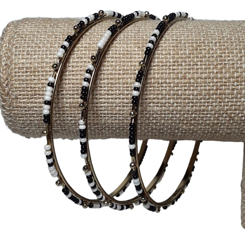 Beaded 3 Bangle Bracelets Stack Black And White O… - image 1